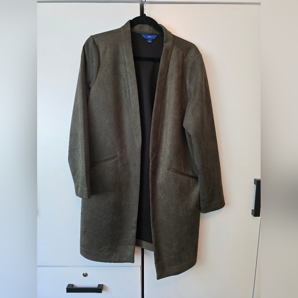 Apt.9 L Olive Green Faux Suede Open Front Duster Coat
